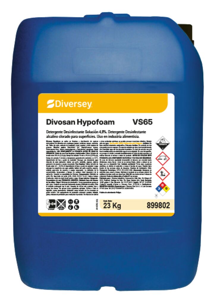 DIVOSAN HYPOFOAM VS65 23kg - Detergente desinfectante solución 4,8%. Desinfectante alcalino clorado para superficies. Uso en industria alimenticia